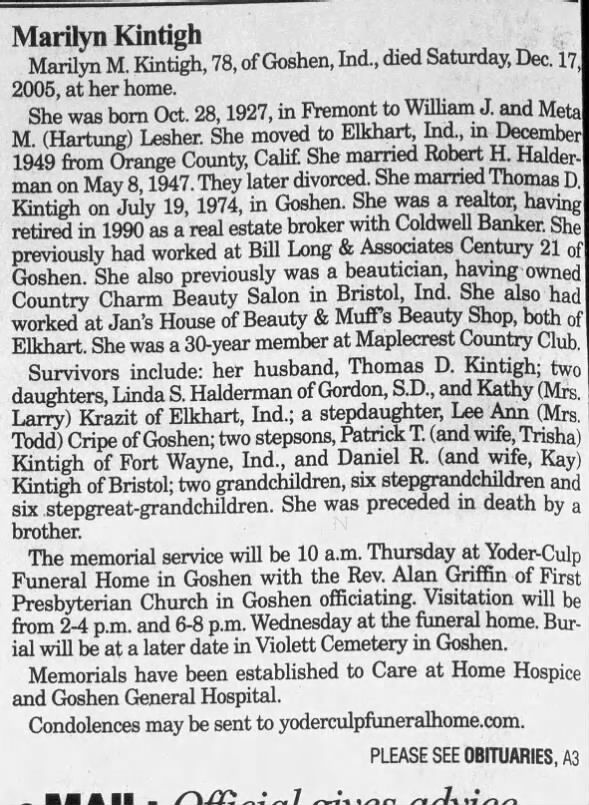Obituary for Marilyn M. Kintigh, 1927-2005 (Aged 78)
